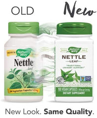Nature's Way nettle leaf product label highlighting vegetarian formula.