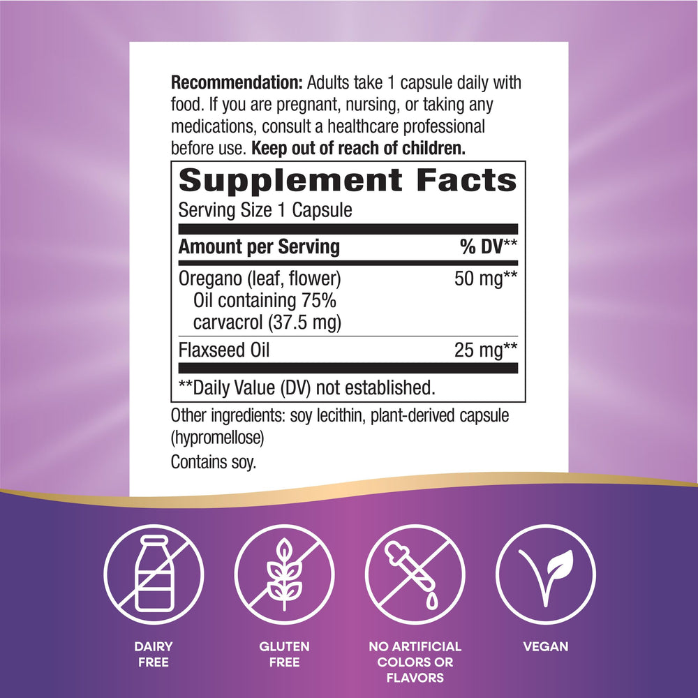 Nature's Way Oregano Oil capsules closeup highlighting high carvacrol content for immune support