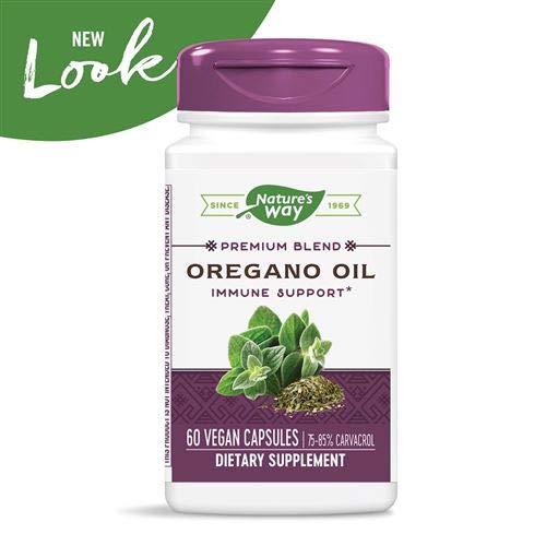 Nature's Way oregano oil label close-up highlighting carvacrol percentage.