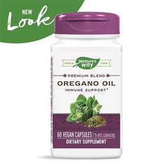 Nature's Way oregano oil label close-up highlighting carvacrol percentage.