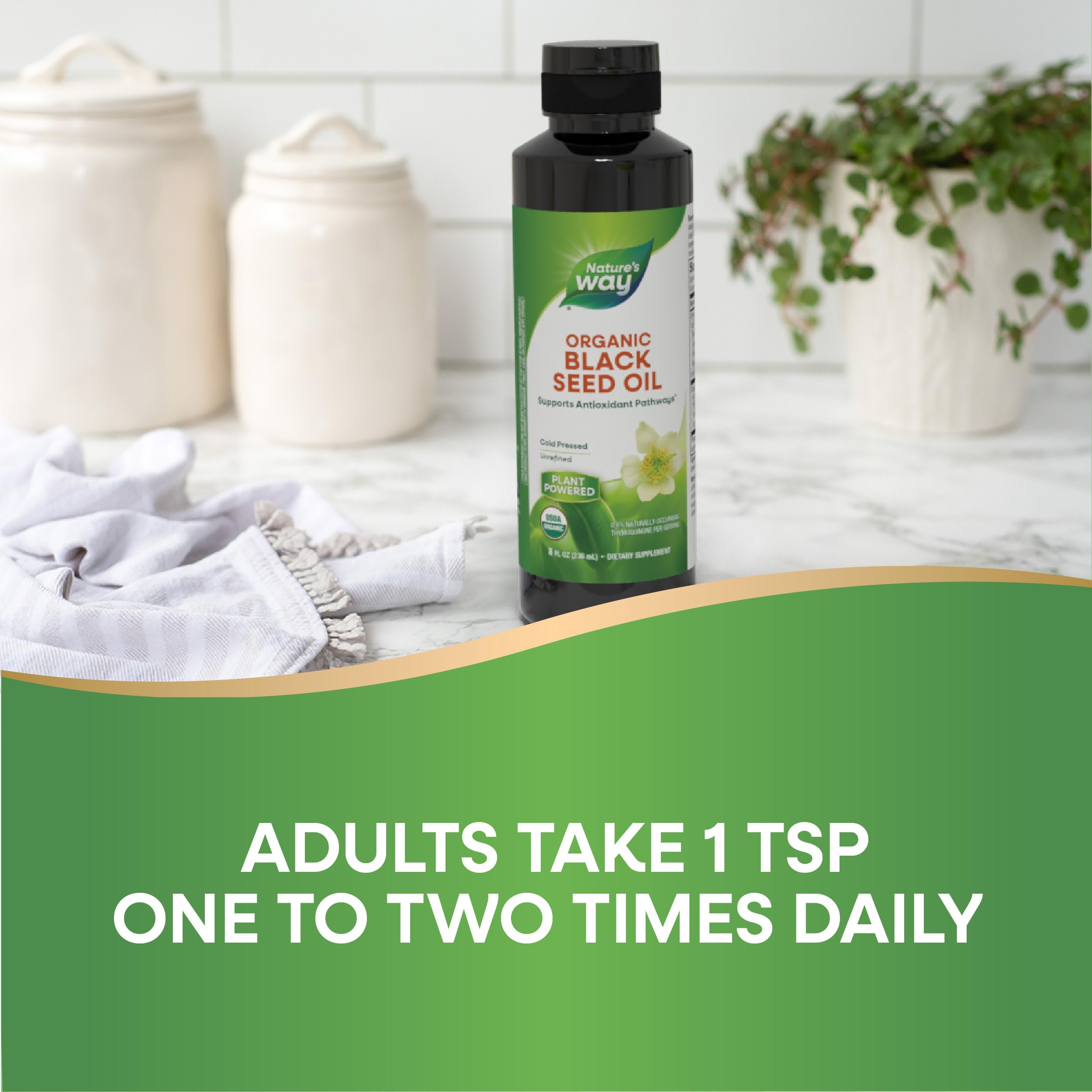 Premium cold-pressed Nature's Way Black Seed Oil in a glass bottle.