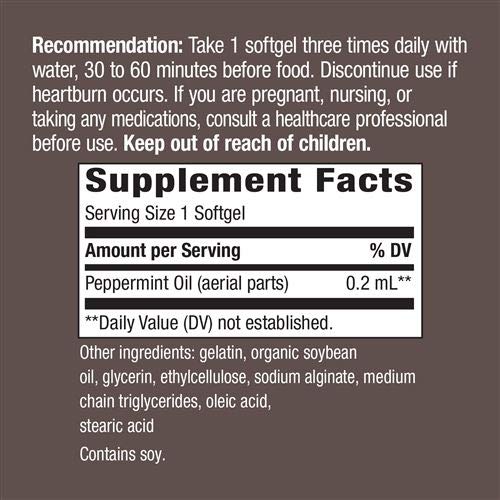 Pepogest bottle open, highlighting enteric-coated peppermint oil capsule.
