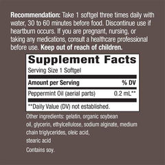 Pepogest bottle open, highlighting enteric-coated peppermint oil capsule.