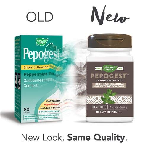 Nature's Way Pepogest softgel packs show convenient 60-softgel bottles.