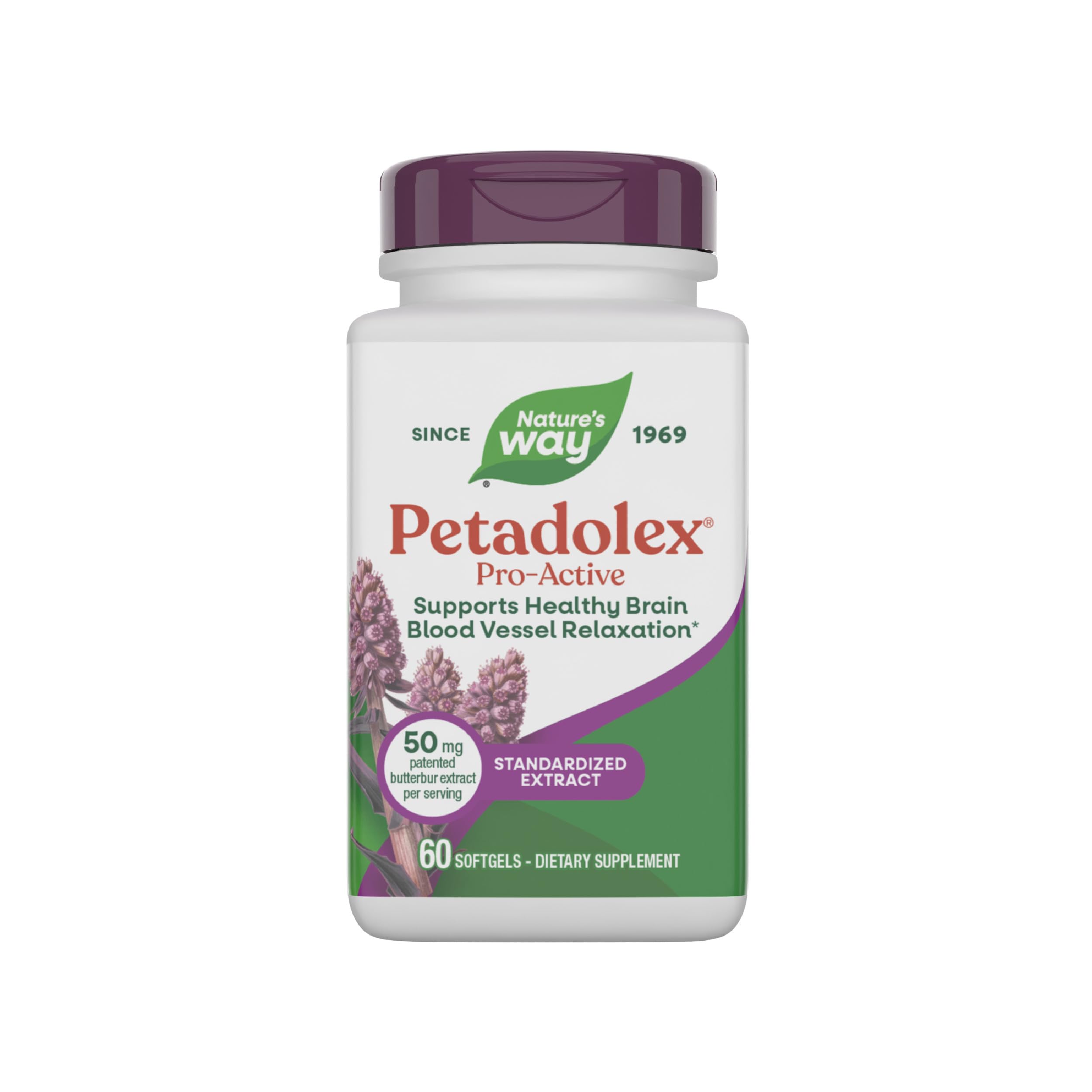 Nature's Way Petadolex Pro-Active bottle front highlights butterbur for brain vessel support