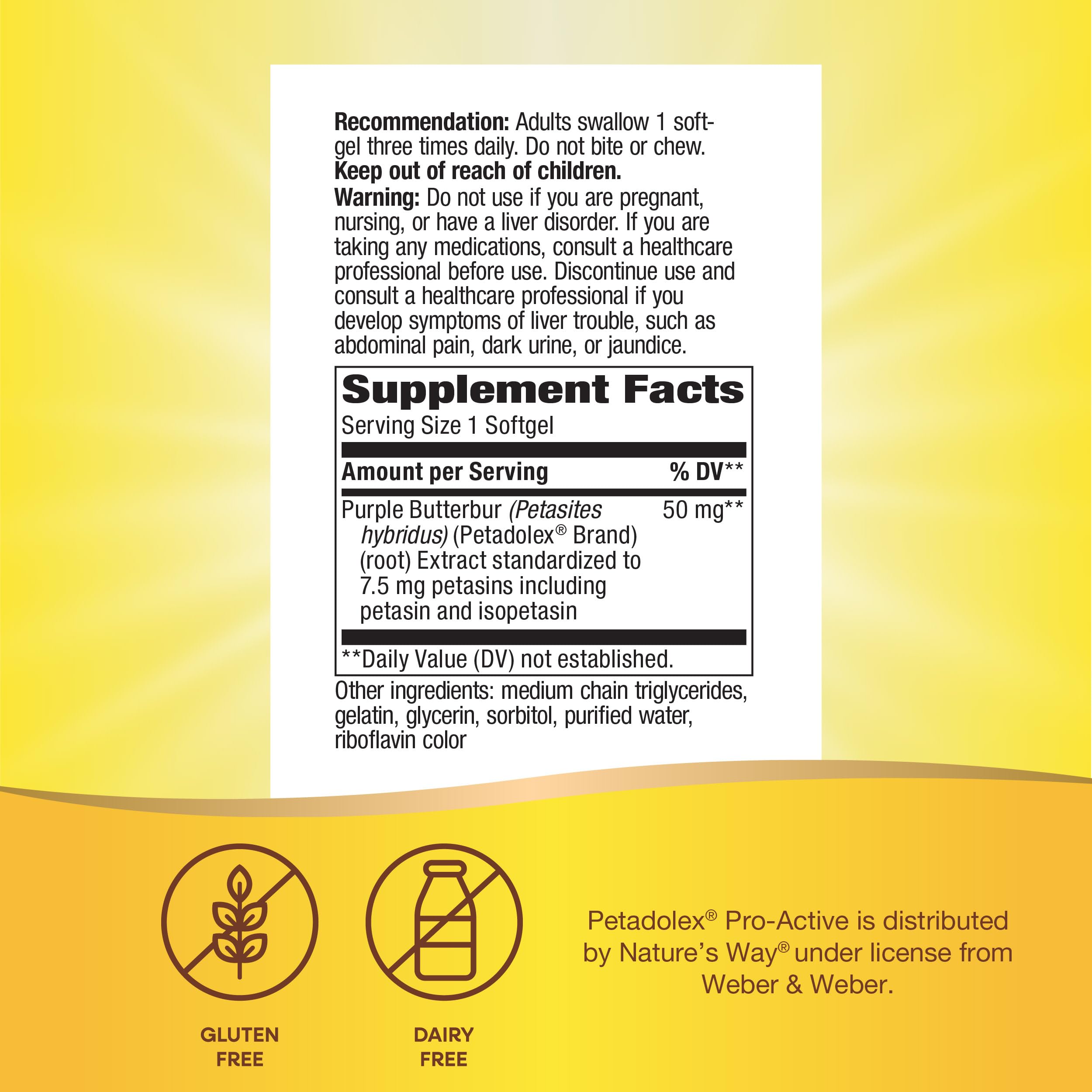 Nature's Way Petadolex Pro-Active bottle shows 60 softgels for convenient daily use