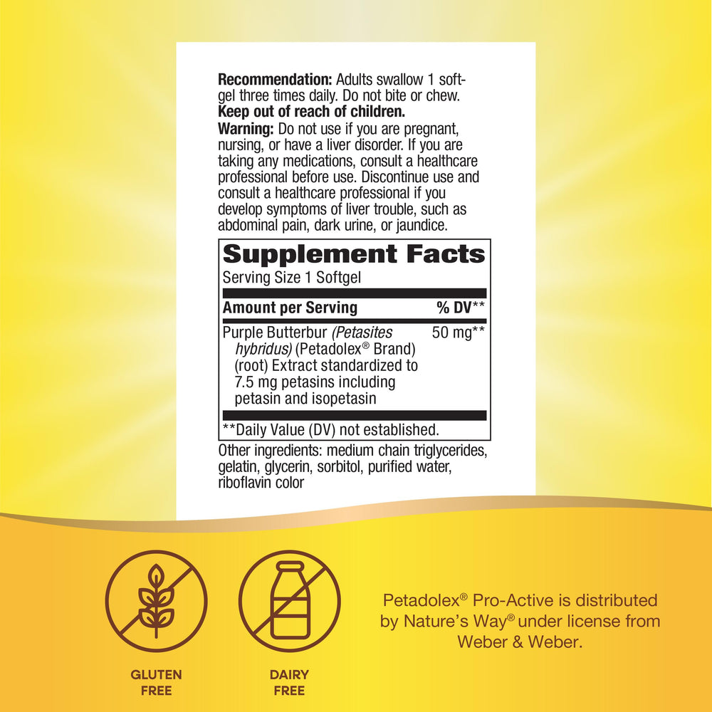 Nature's Way Petadolex Pro-Active bottle shows 60 softgels for convenient daily use