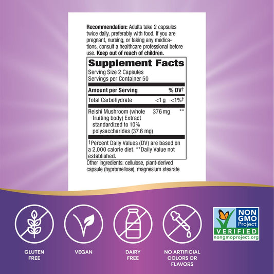 Nature's Way Reishi label artwork highlighting Non-GMO Project Verified status and adaptogenic care.