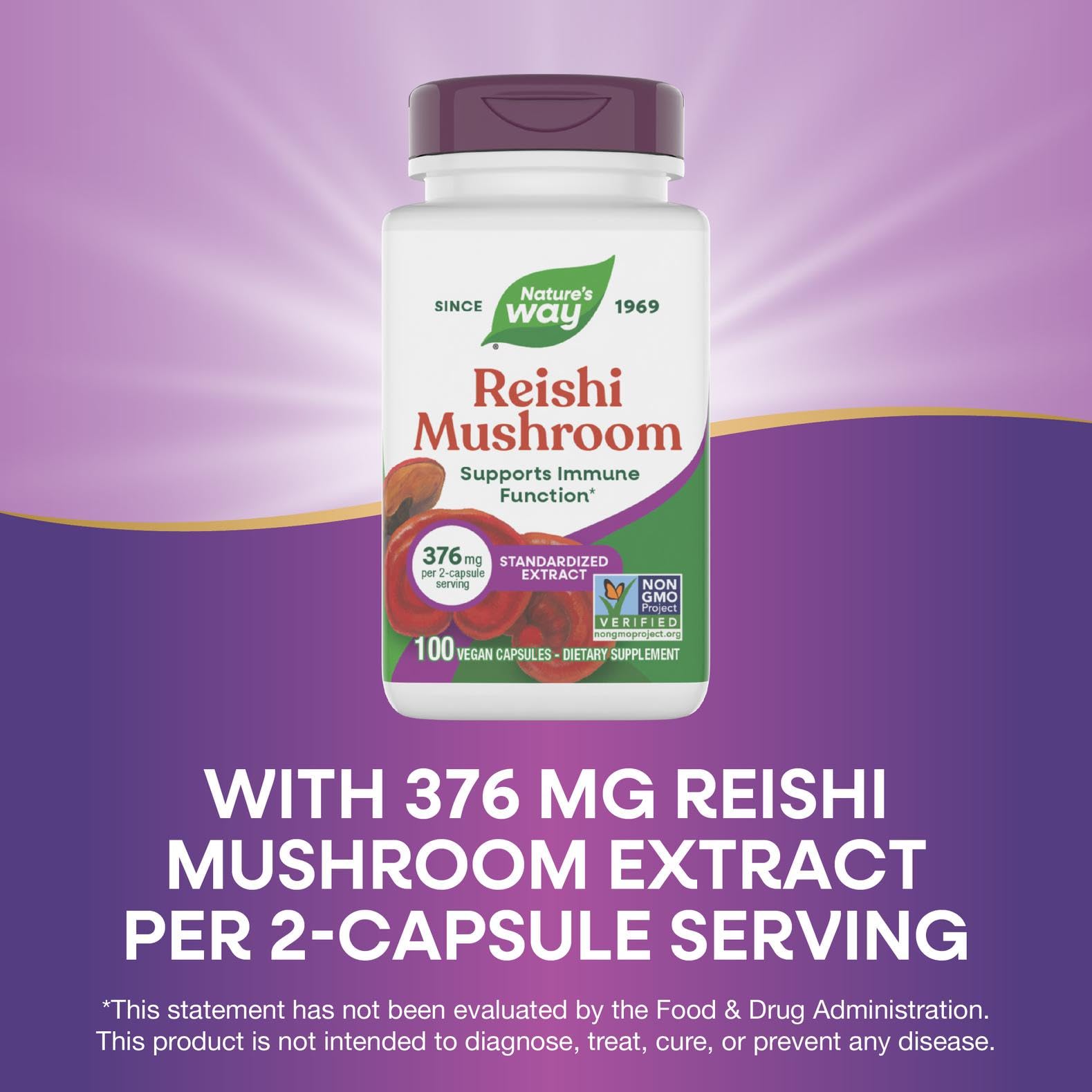 Nature's Way Reishi packaging detail emphasizing Non-GMO verification and allergen-free benefits.