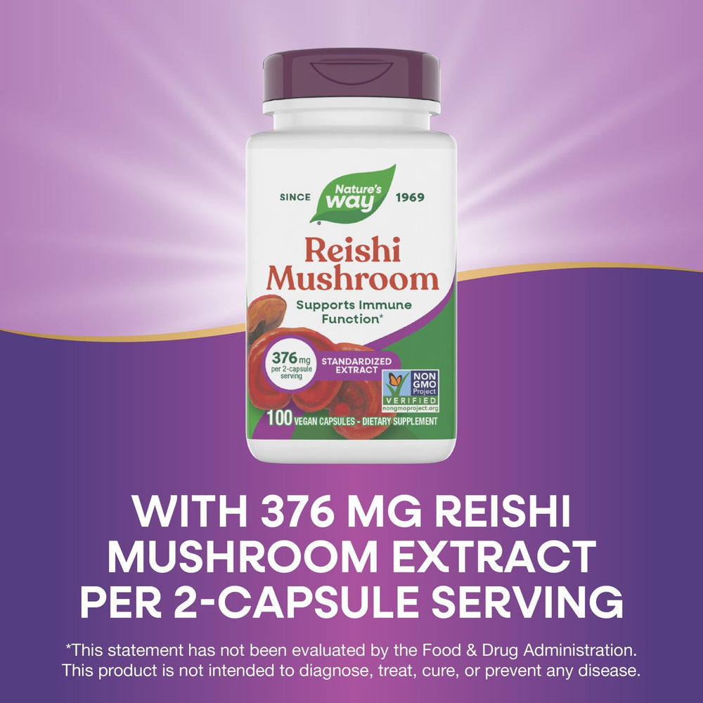 Nature's Way Reishi packaging detail emphasizing Non-GMO verification and allergen-free benefits.