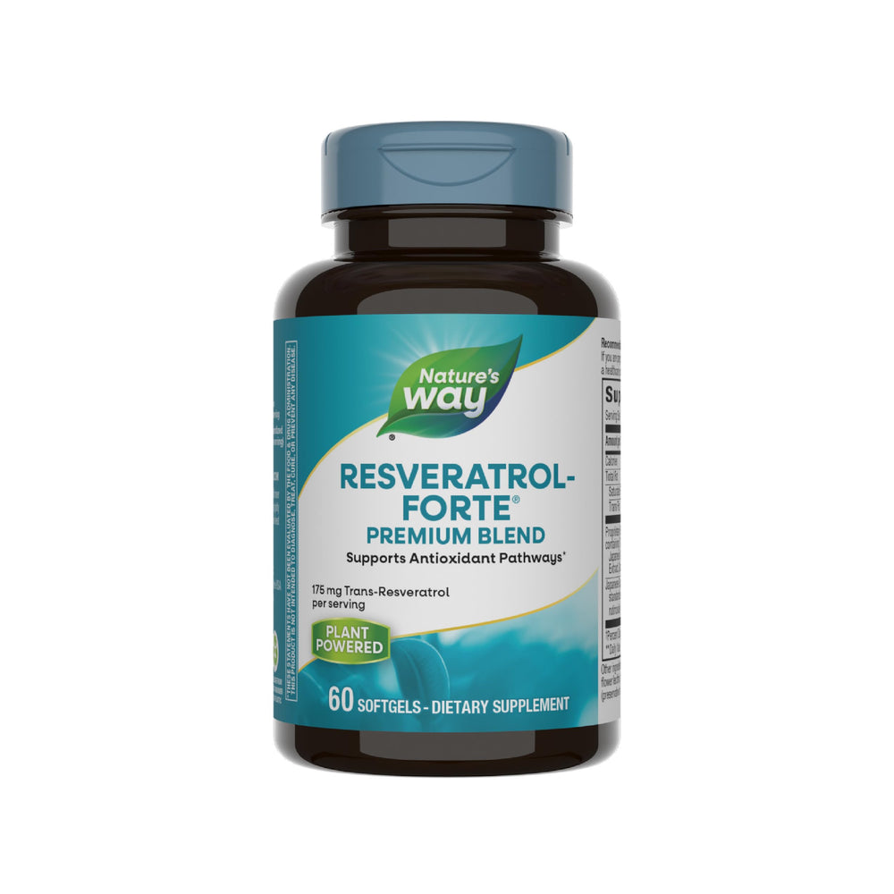 Nature's Way Resveratrol-Forte bottle on a table promoting antioxidant support