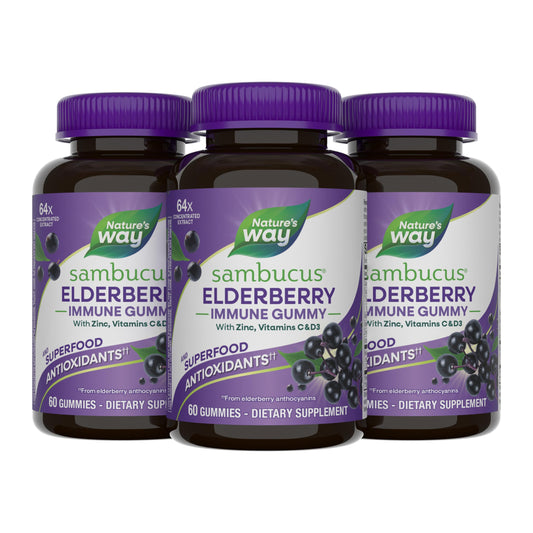 Nature's Way Sambucus Elderberry Gummies bottle—a tasty daily supplement for whole family wellness.