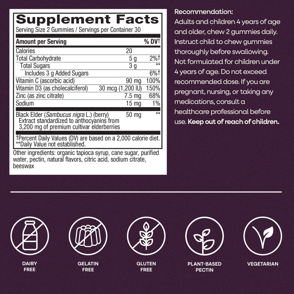Nature's Way Sambucus elderberry gummies ingredient panel highlighting vitamin C, D3, zinc.