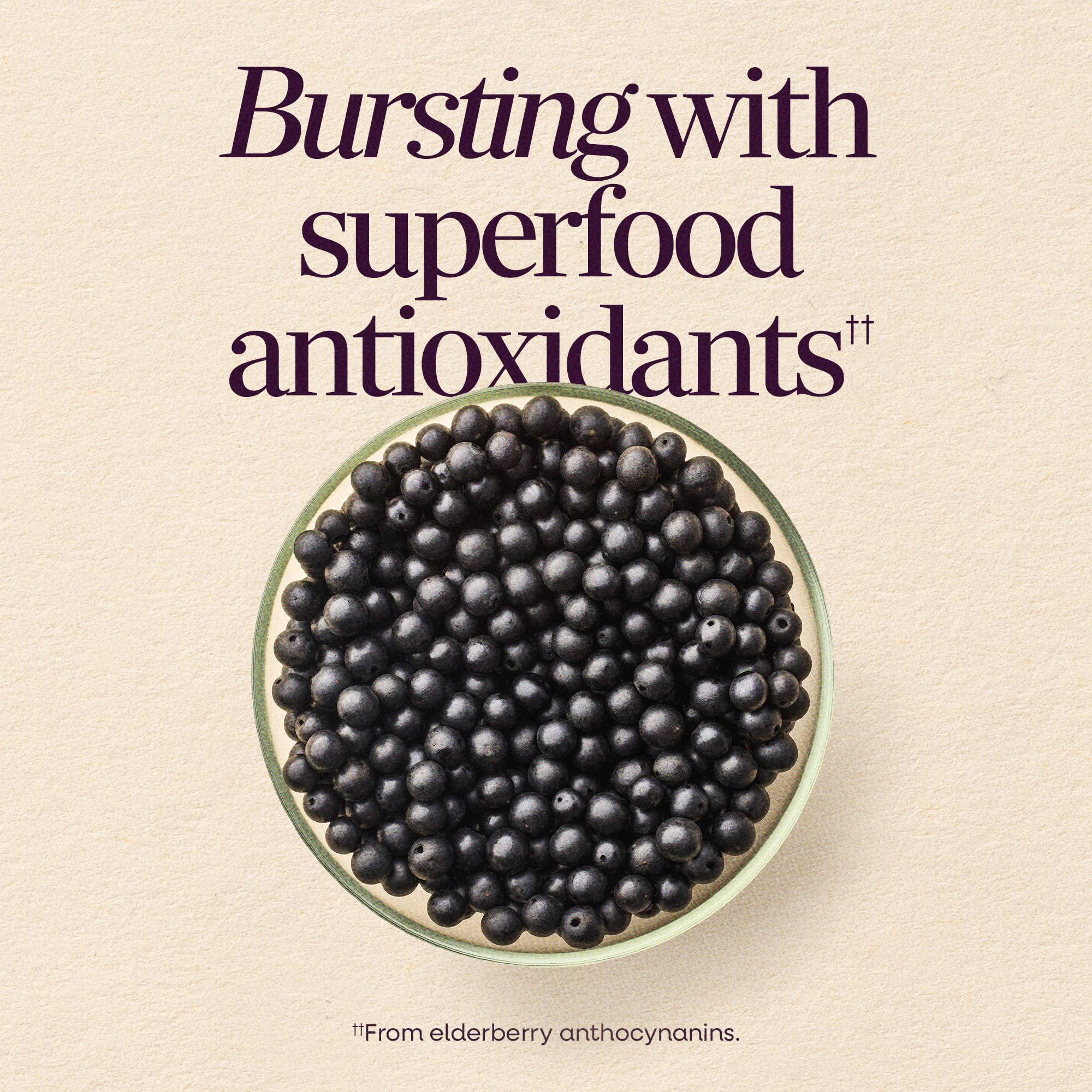 Nature's Way Sambucus gummies label closeup, gluten-free and vegetarian with berry flavor.