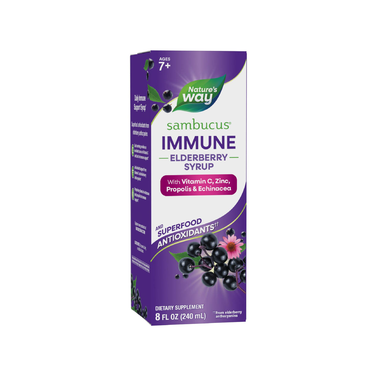 Nature's Way Sambucus Immune Elderberry Syrup bottle highlighting immune support and vitamin C.