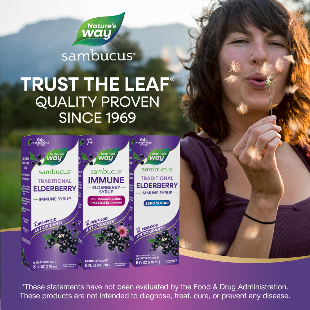 Nature's Way Sambucus Immune Elderberry Syrup daily dosing with spoon for family use.