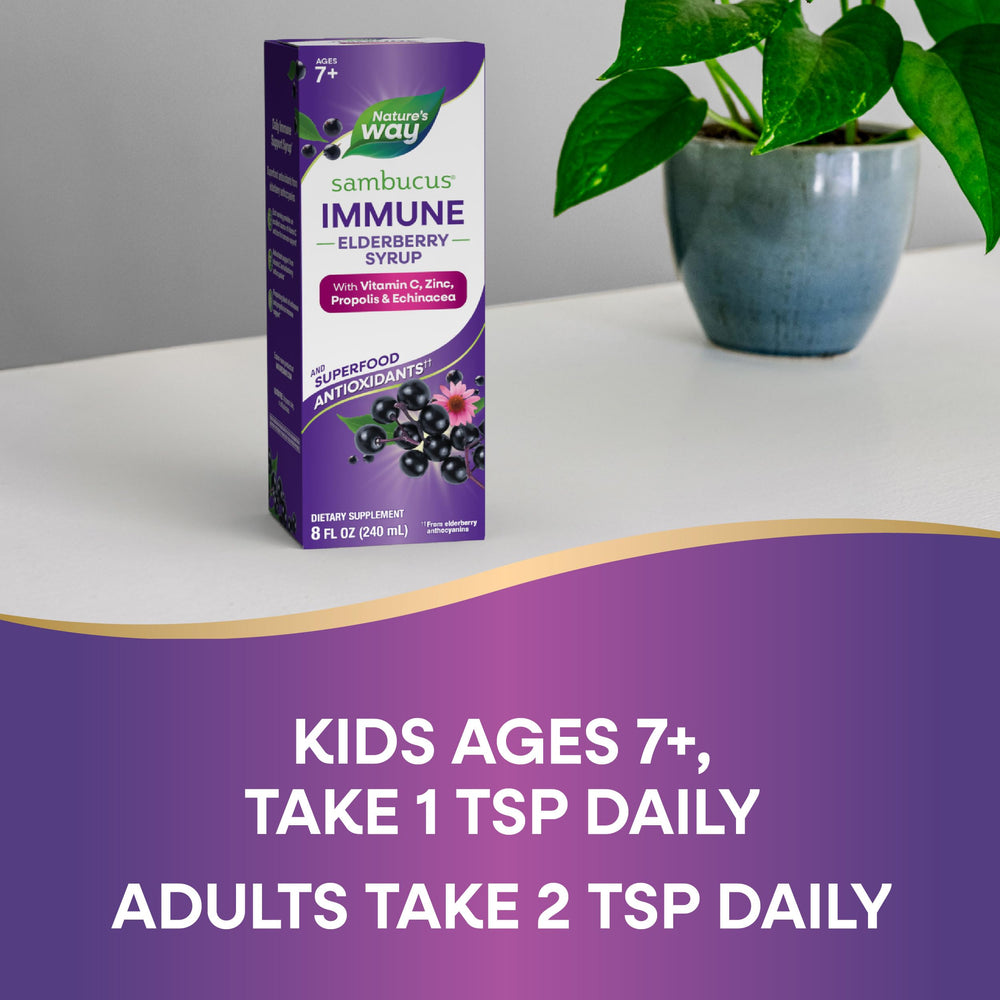 Nature's Way Sambucus Immune Elderberry Syrup with elderberry extract highlighted as antioxidant-rich.