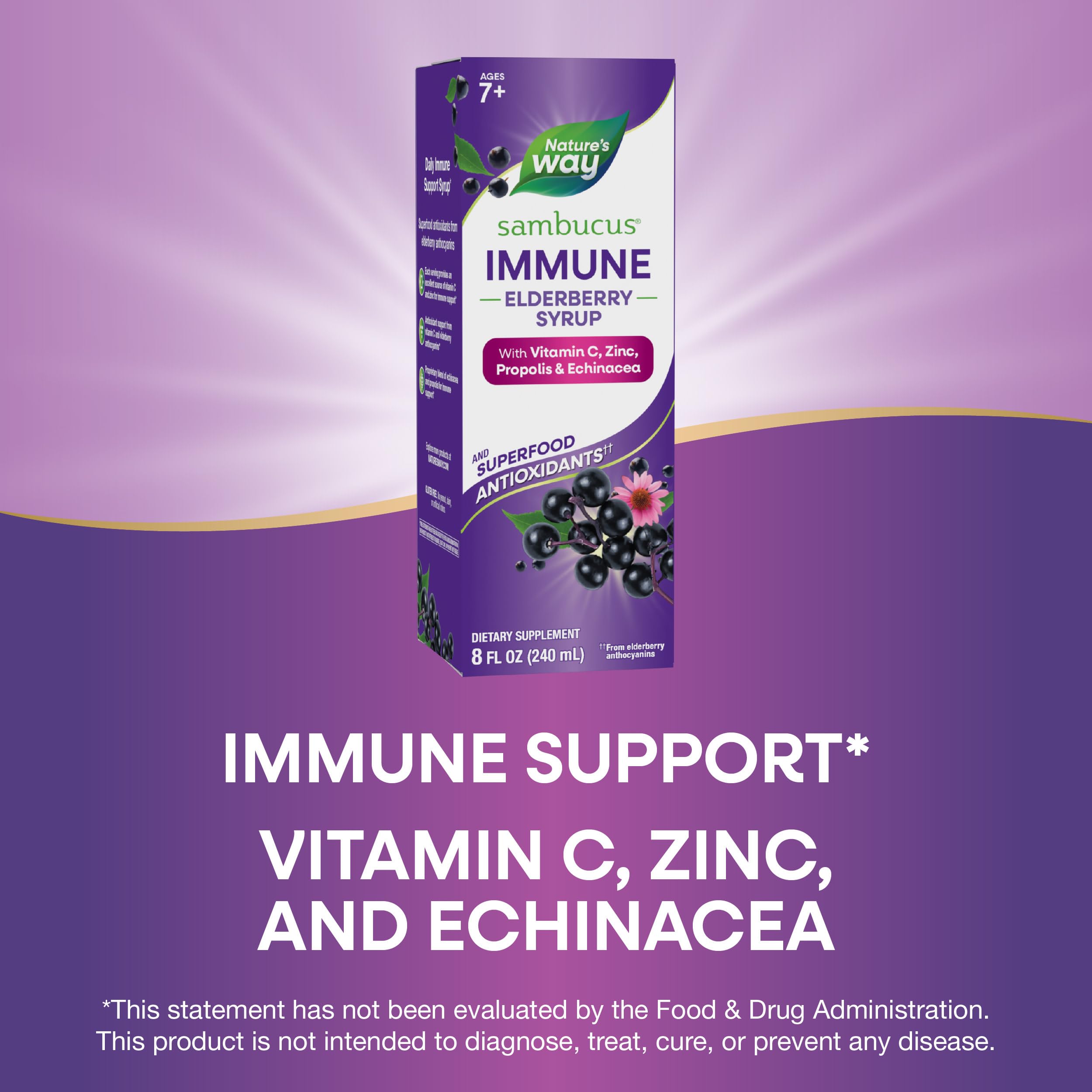 Nature's Way Sambucus Immune Elderberry Syrup packaging shows gluten-free and vegetarian options.
