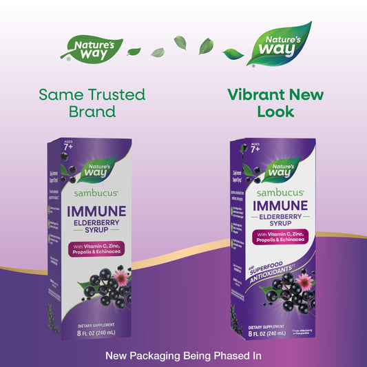Nature's Way Sambucus Immune Elderberry Syrup being poured for a daily immune routine.