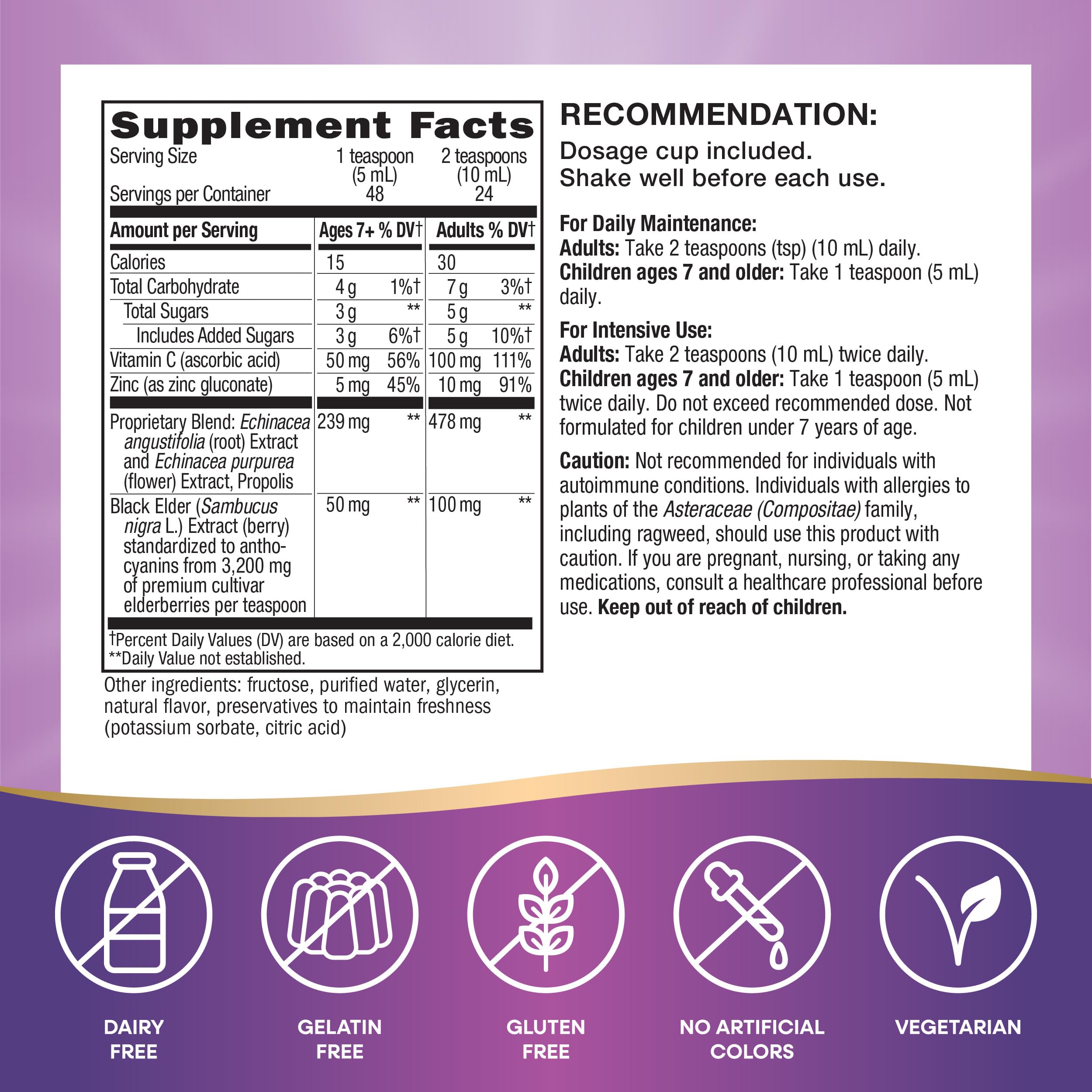 Nature's Way Sambucus Immune Elderberry Syrup beside vitamin C and zinc for immune nourishment.