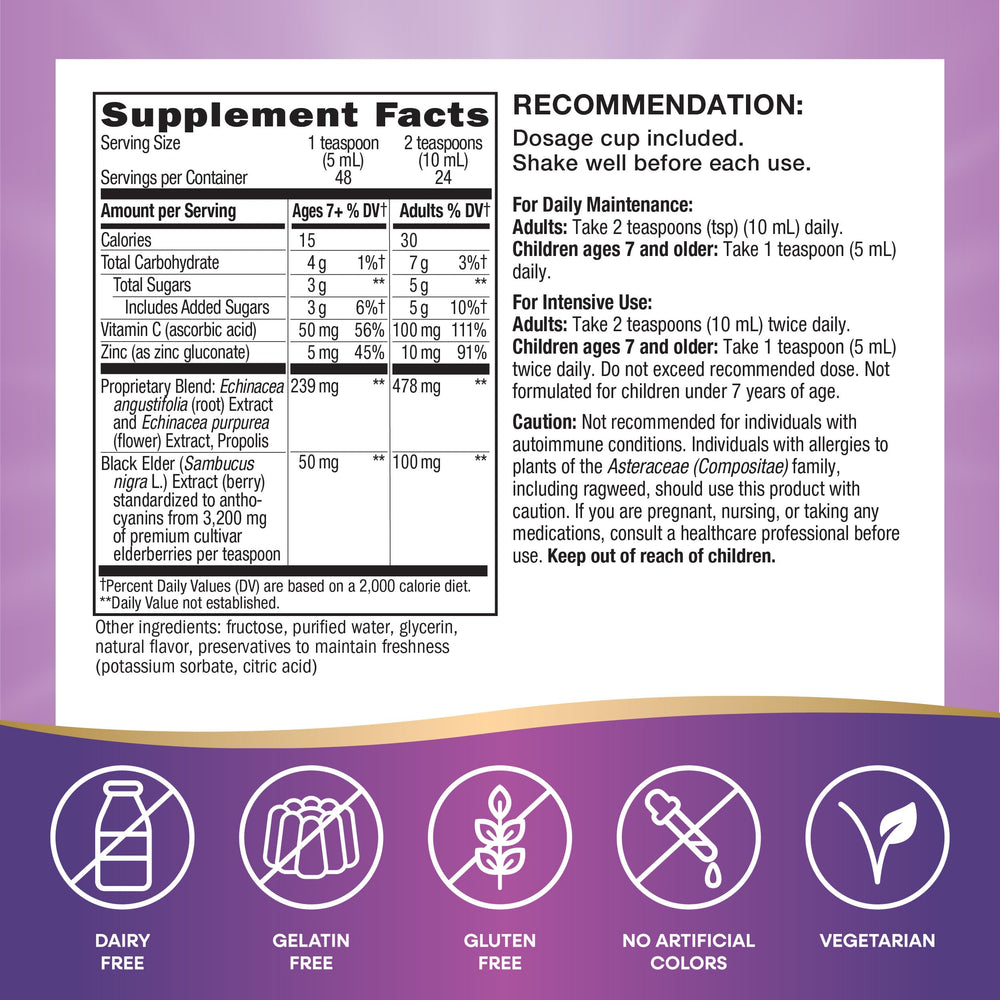 Nature's Way Sambucus Immune Elderberry Syrup beside vitamin C and zinc for immune nourishment.