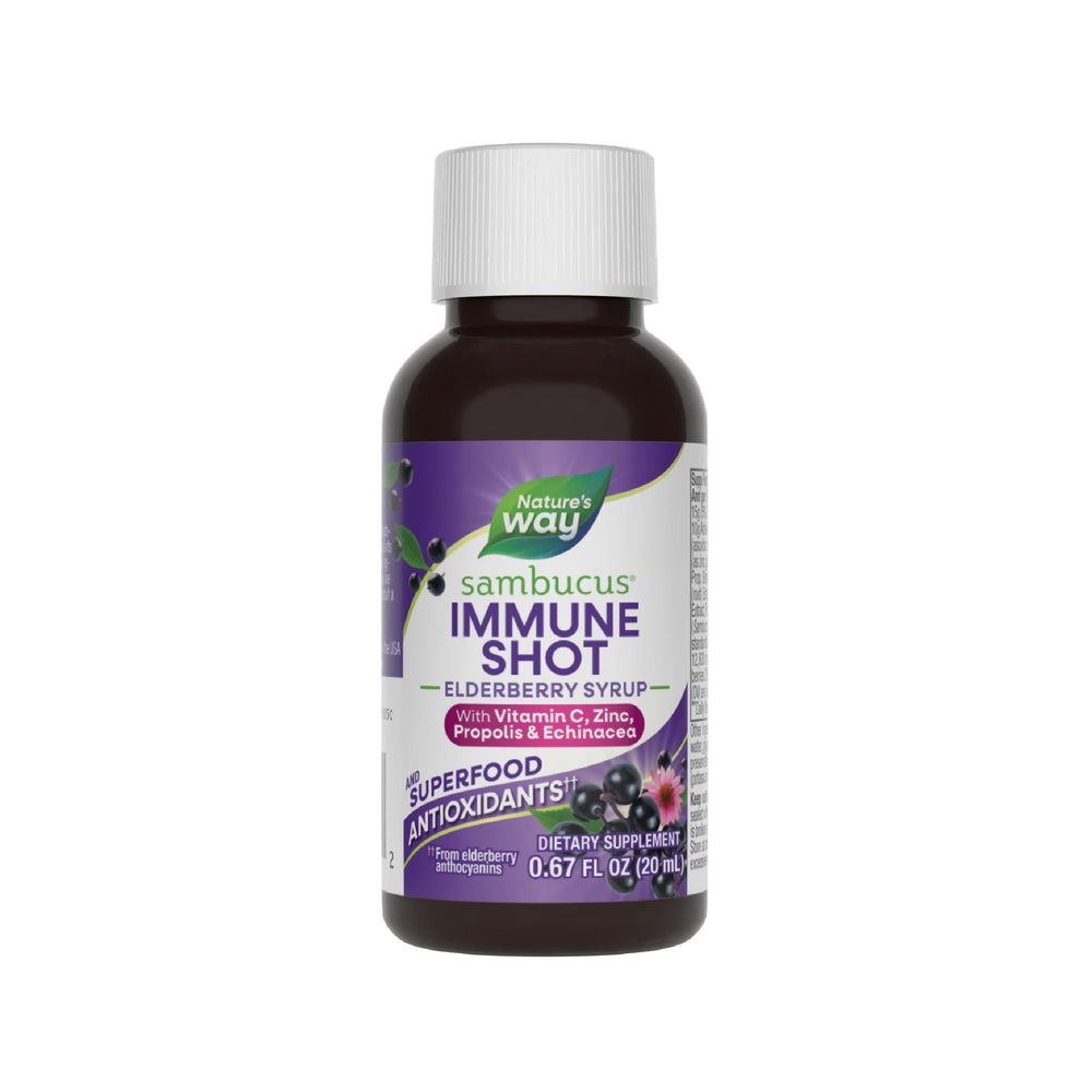 Nature's Way Sambucus Immune Shots bottle shows elderberry syrup for daily immune support