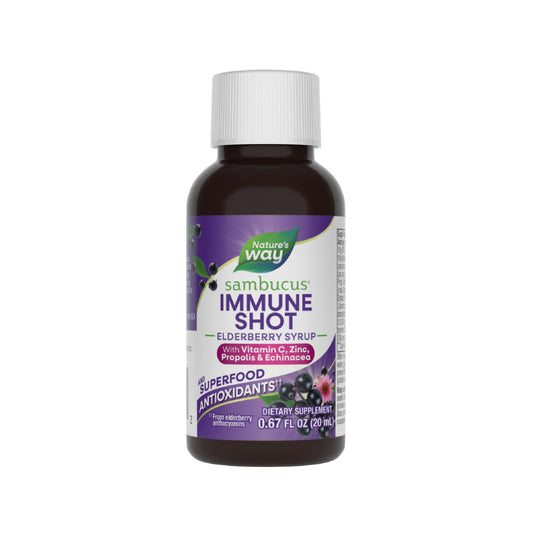 Nature's Way Sambucus Immune Shots bottle shows elderberry syrup for daily immune support