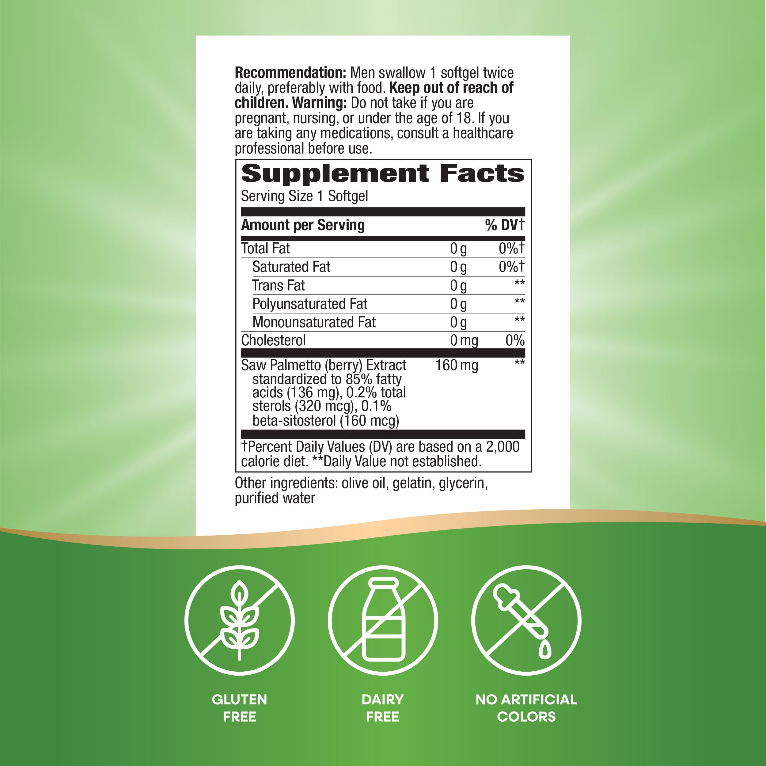 Gluten-free Nature's Way Saw Palmetto packaging detail.