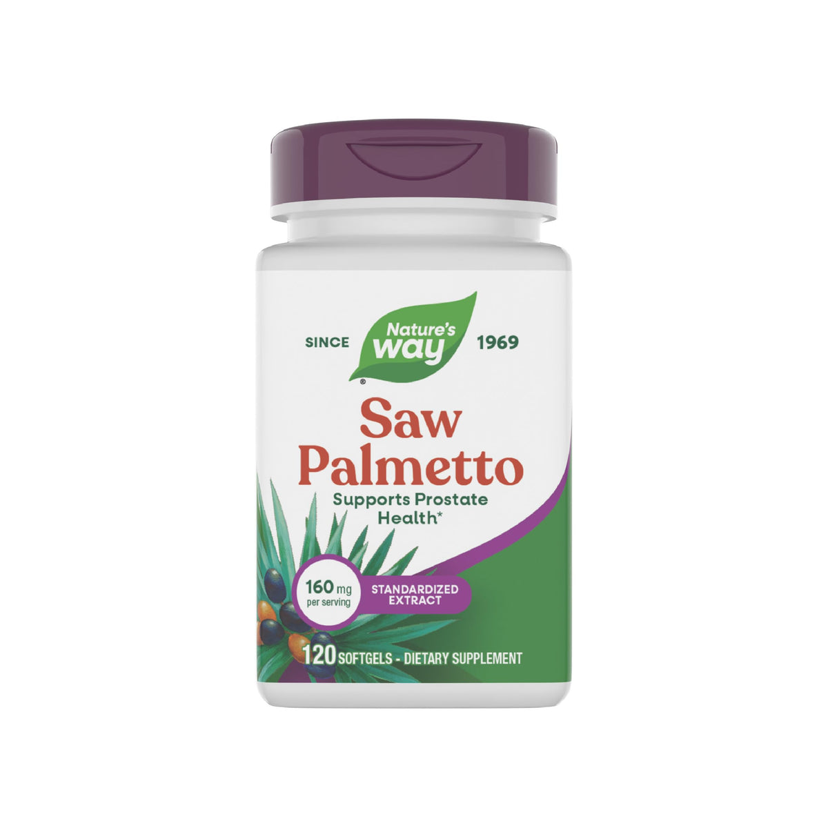 Nature's Way Saw Palmetto softgel bottle for daily prostate support.