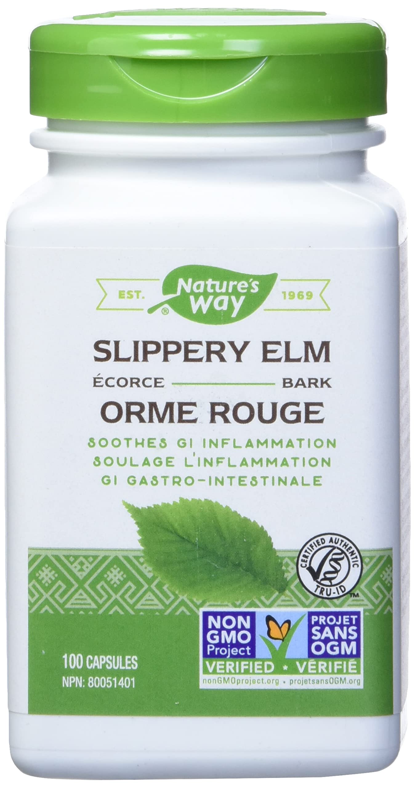Nature's Way Slippery Elm Bark bottle front with 400 mg capsules for GI comfort.