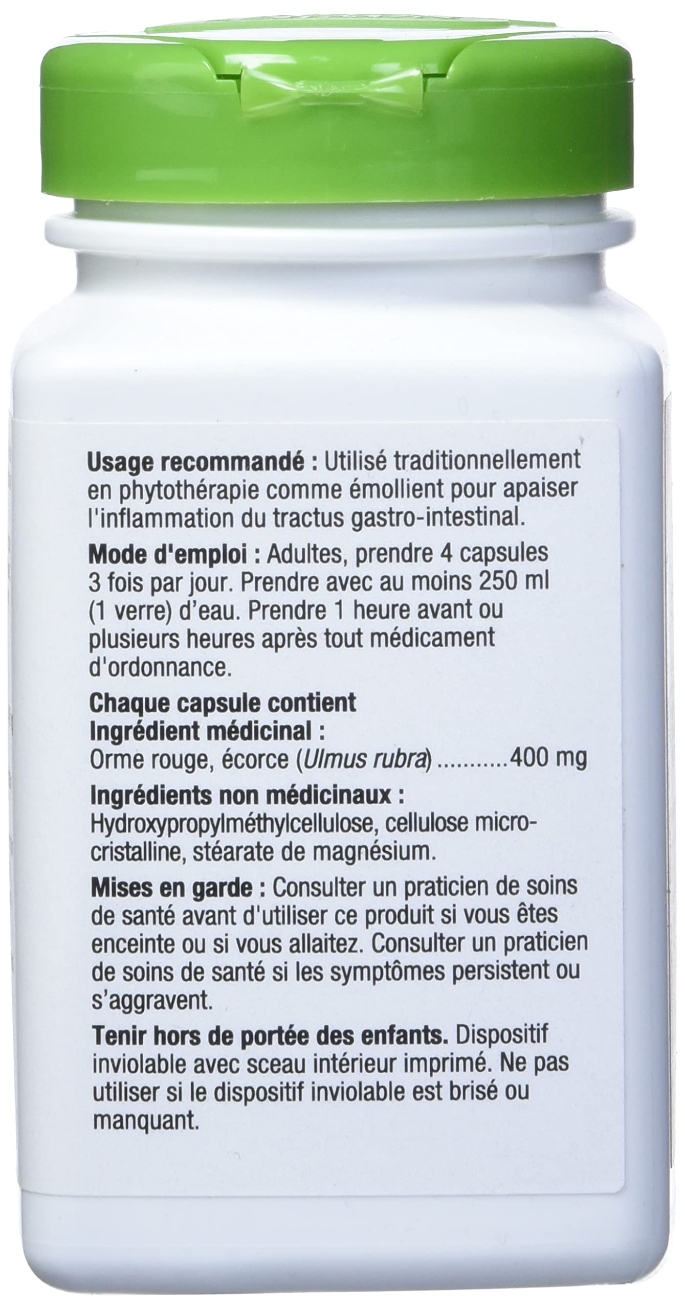 Nature's Way Slippery Elm Bark capsules closeup shows vegetarian formula for wellness.