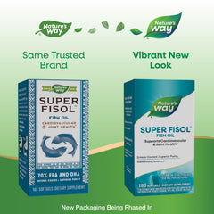 Close-up of Nature's Way Super Fisol softgels showing omega-3 content EPA/DHA