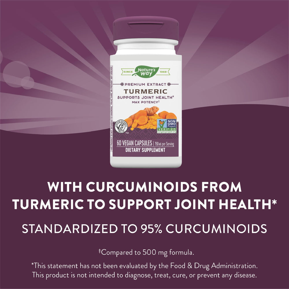 Nature's Way Turmeric Max Potency gluten-free vegan badge signals allergen-friendly choice