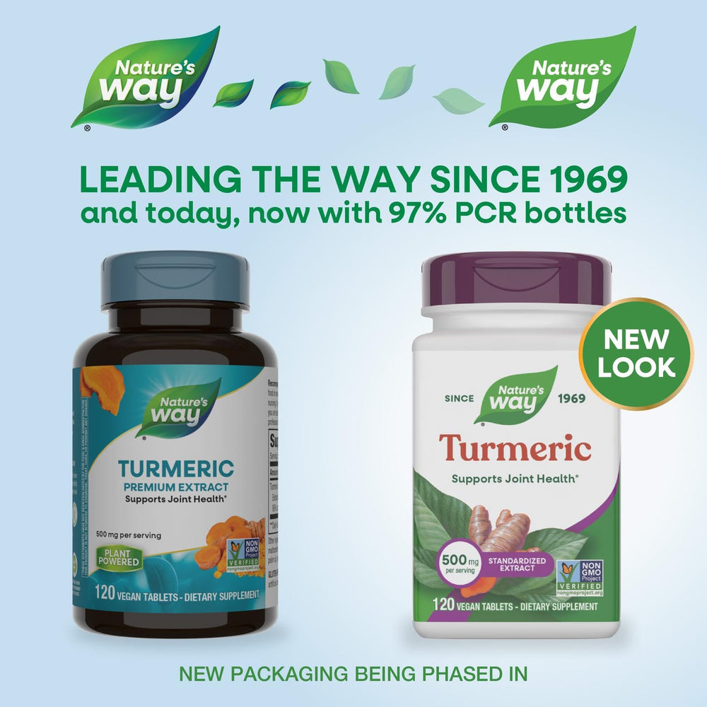 Close-up of Nature's Way Turmeric Premium Extract tablets and 500 mg serving