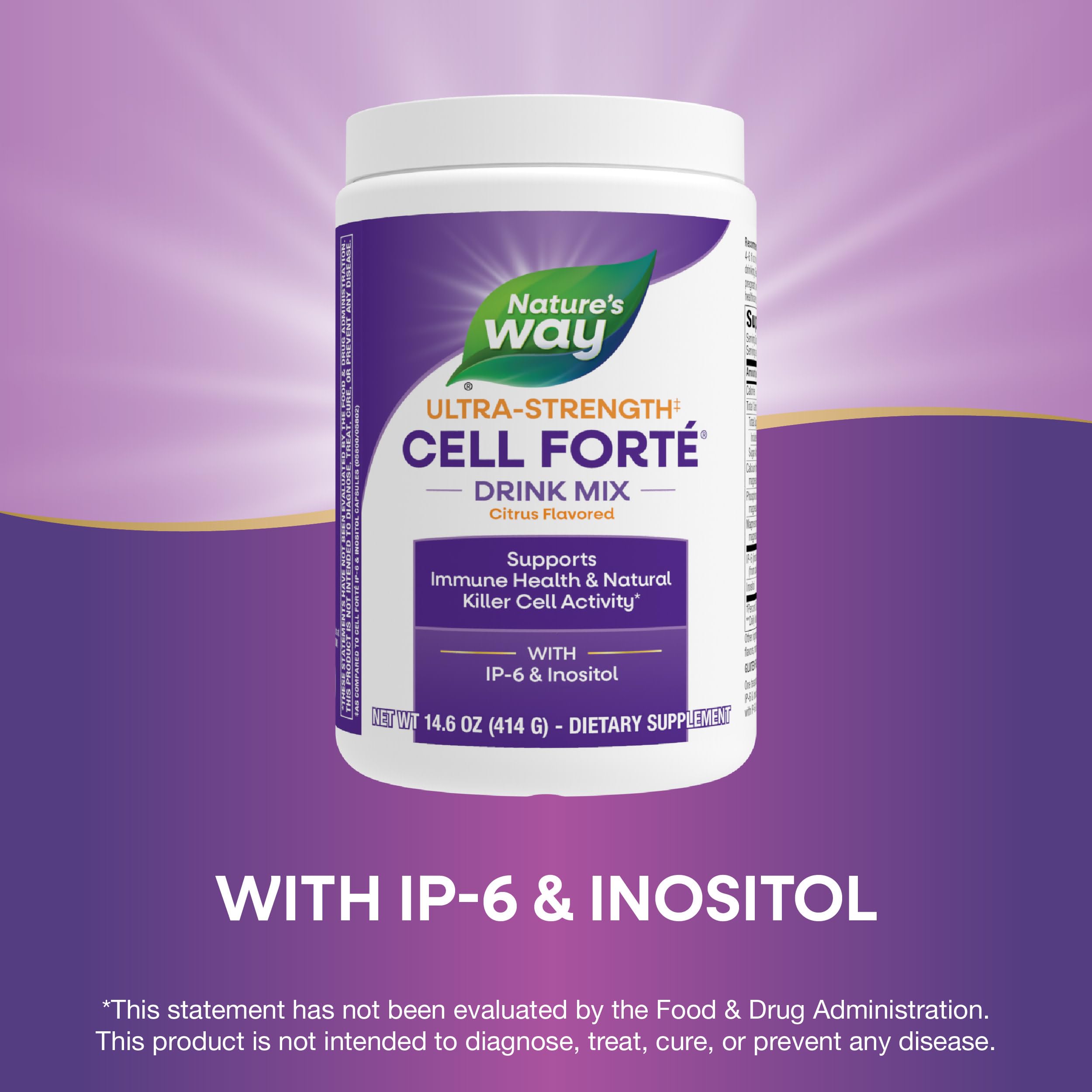 Nature's Way Cell Forte drink mix bottle label closeup — clean, vegan, gluten-free ingredients.