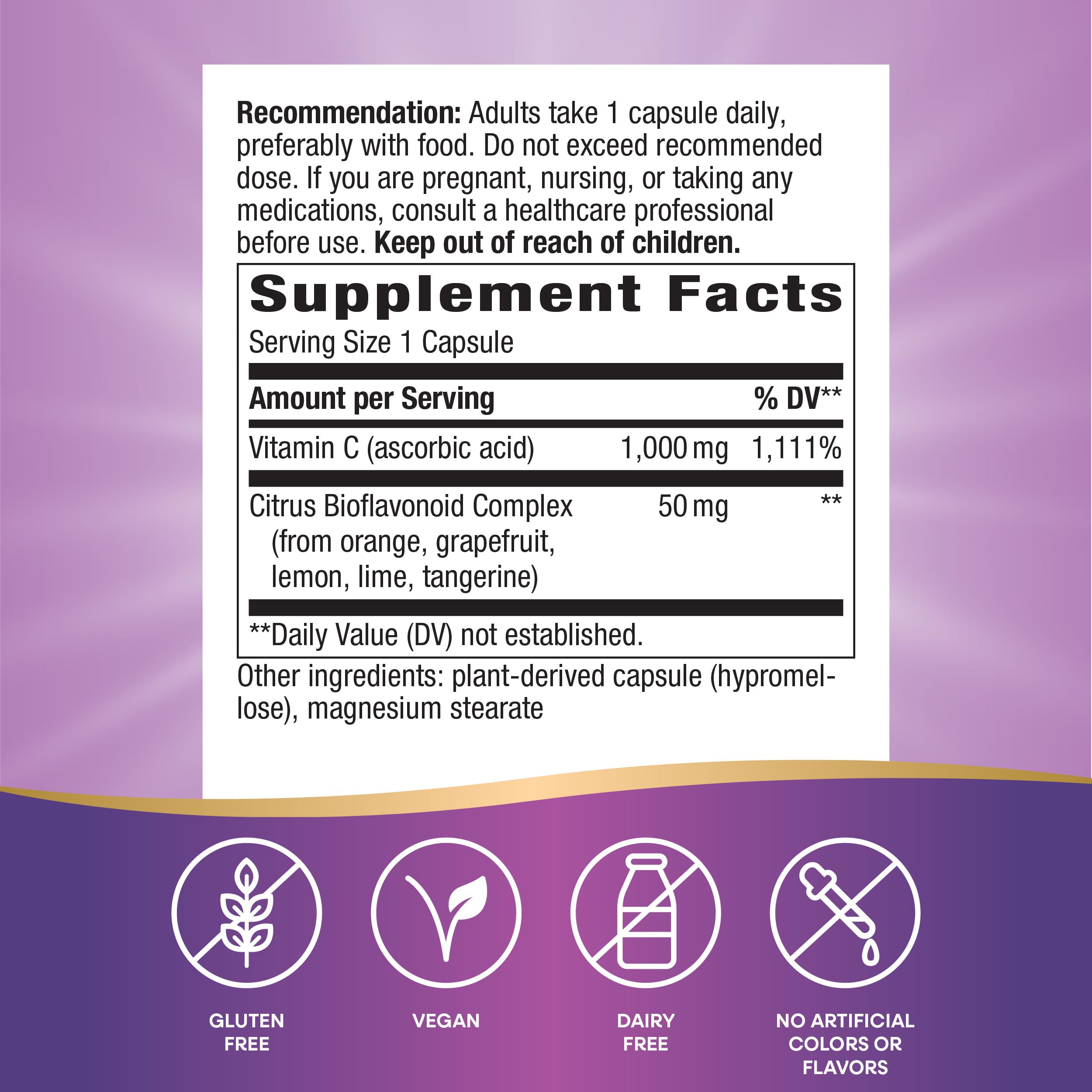Close-up of Nature's Way Vitamin C capsules showing the per-serving dose