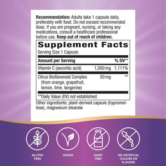 Close-up of Nature's Way Vitamin C capsules showing the per-serving dose