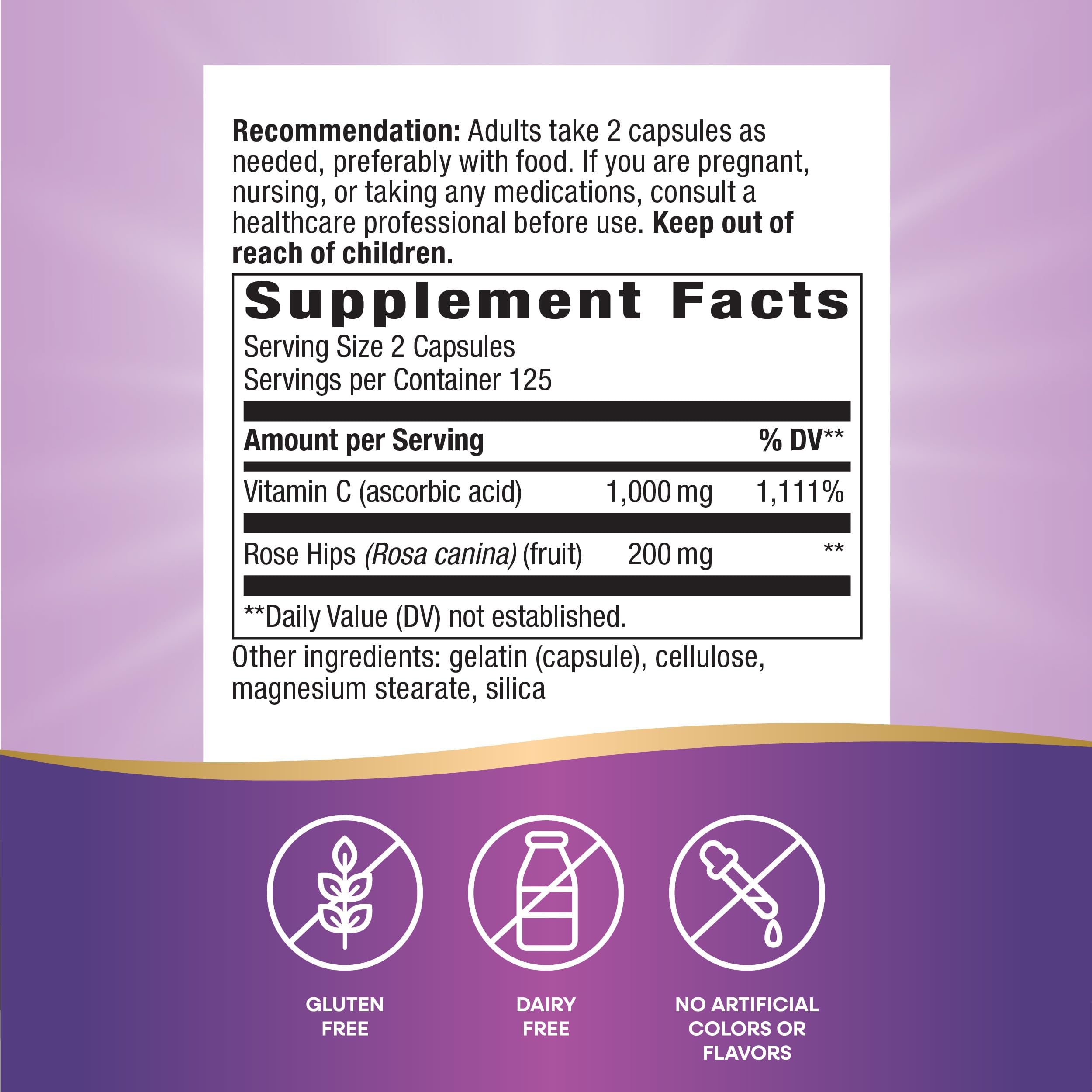 Close-up of Nature's Way Vitamin C with Rose Hips capsules for daily immune support