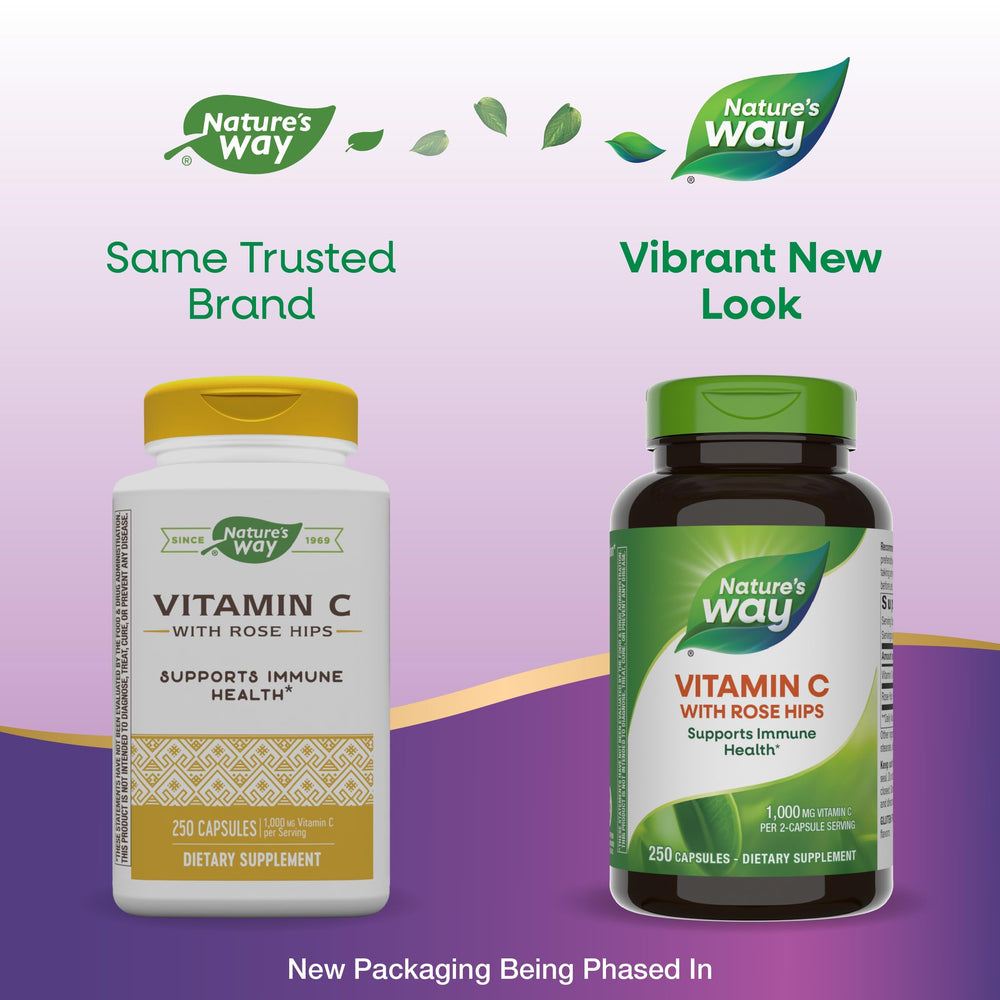 Nature's Way Vitamin C with Rose Hips label close-up with key ingredients