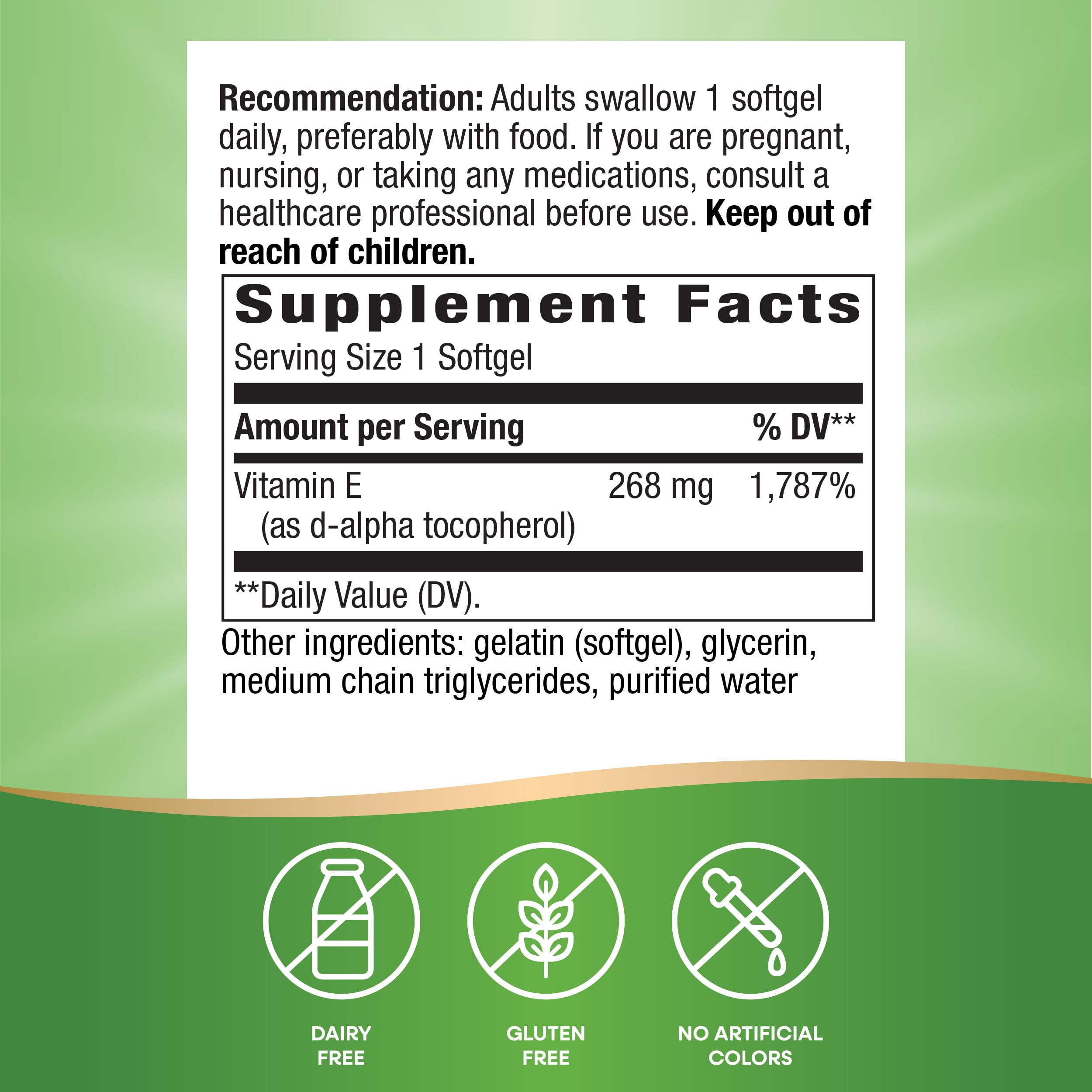 Nature's Way Vitamin E softgels label close-up highlighting d-alpha tocopherol.