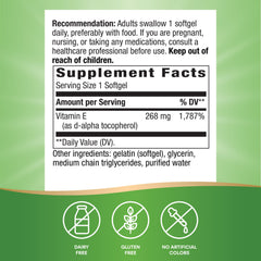 Nature's Way Vitamin E softgels label close-up highlighting d-alpha tocopherol.