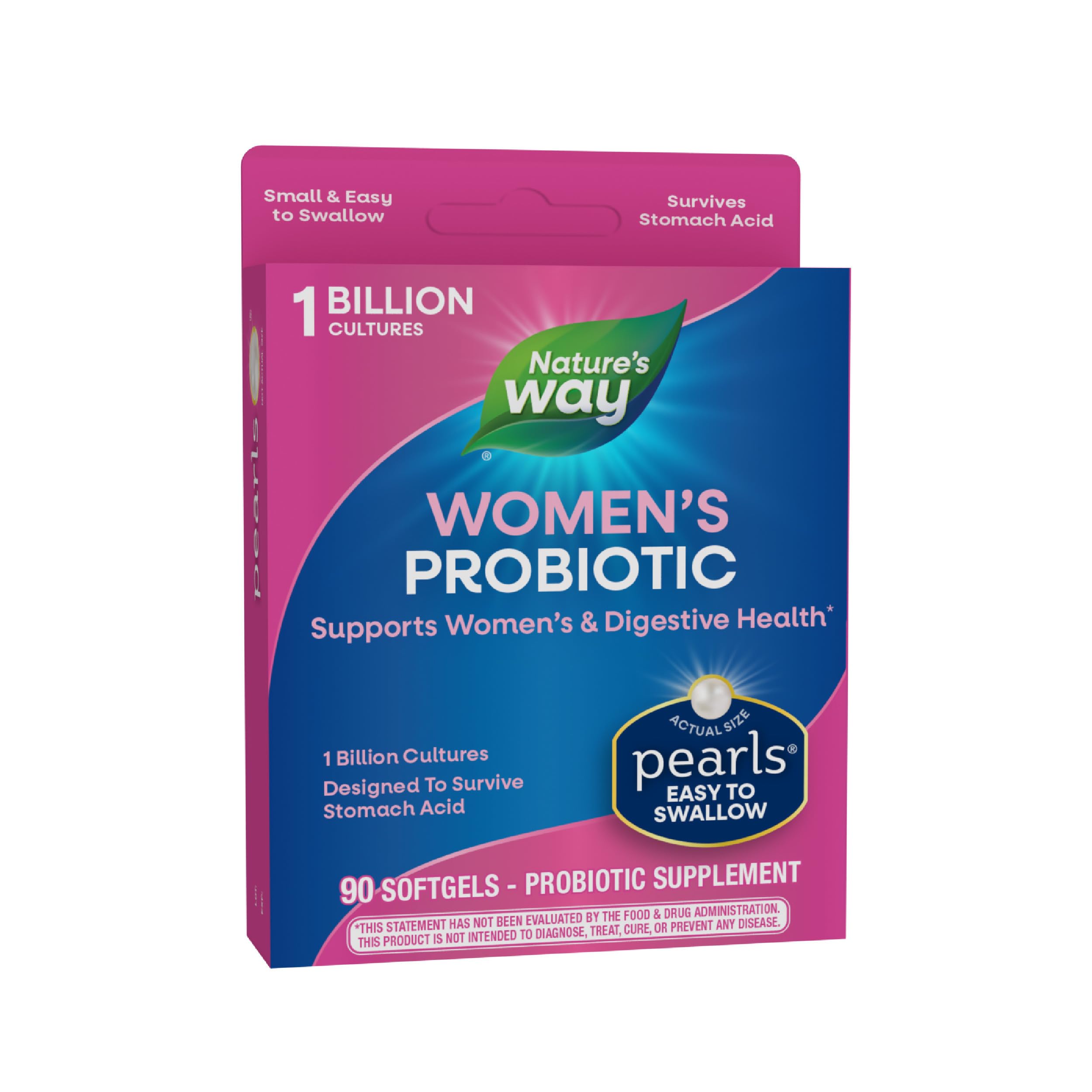 Nature's Way Women's Probiotic Pearls bottle showing 1 billion cultures for digestive and vaginal health
