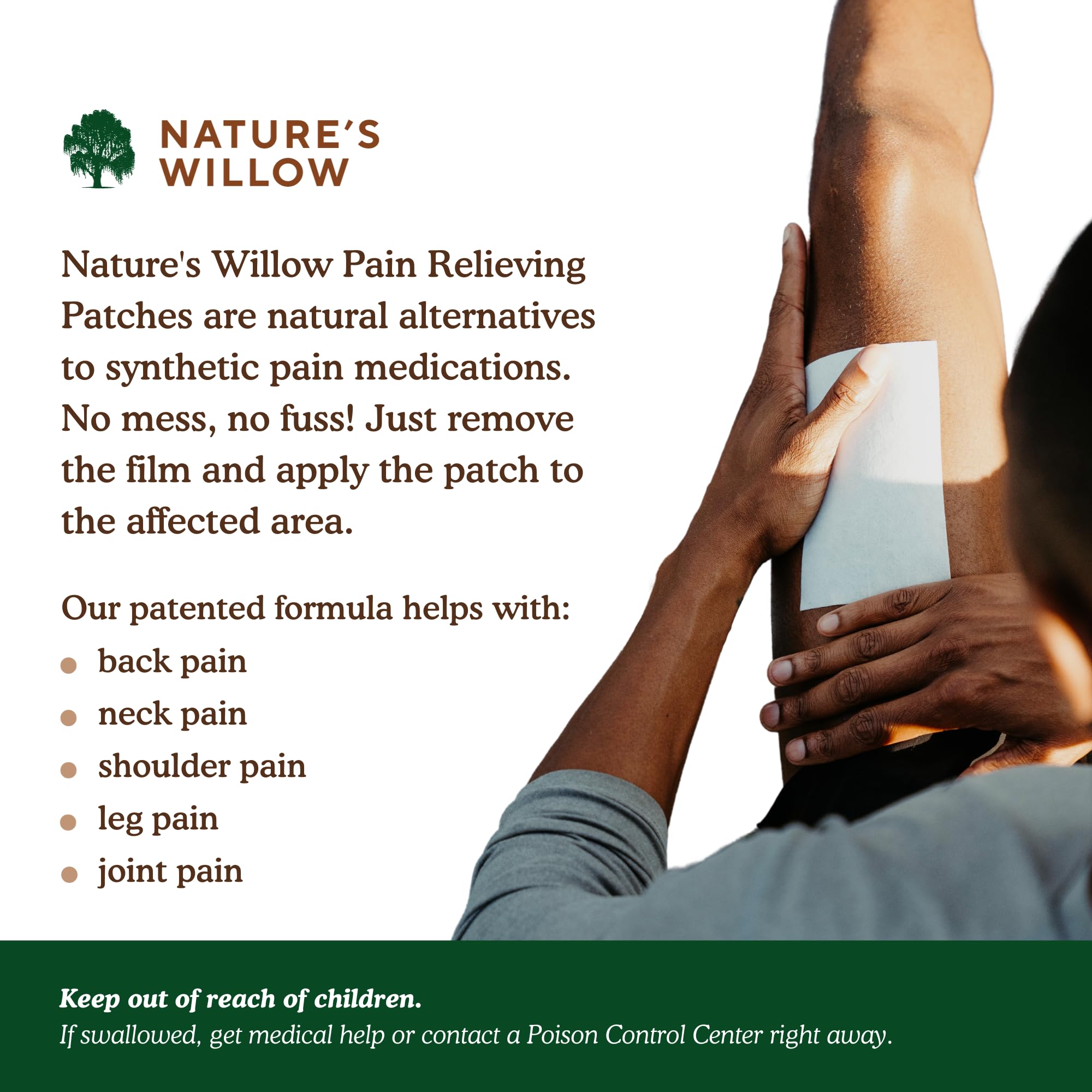 Nature's Willow natural ingredients label highlights safe, plant-based relief options.