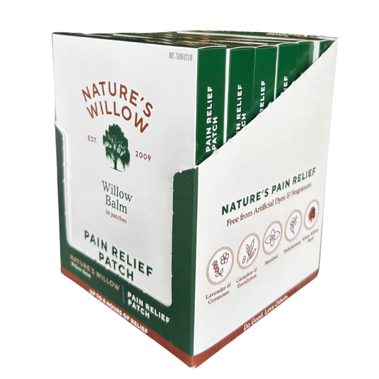 Nature's Willow pain-relief patches applied to shoulder offer convenient warming relief.