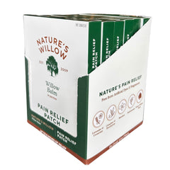 Nature's Willow pain-relief patches applied to shoulder offer convenient warming relief.