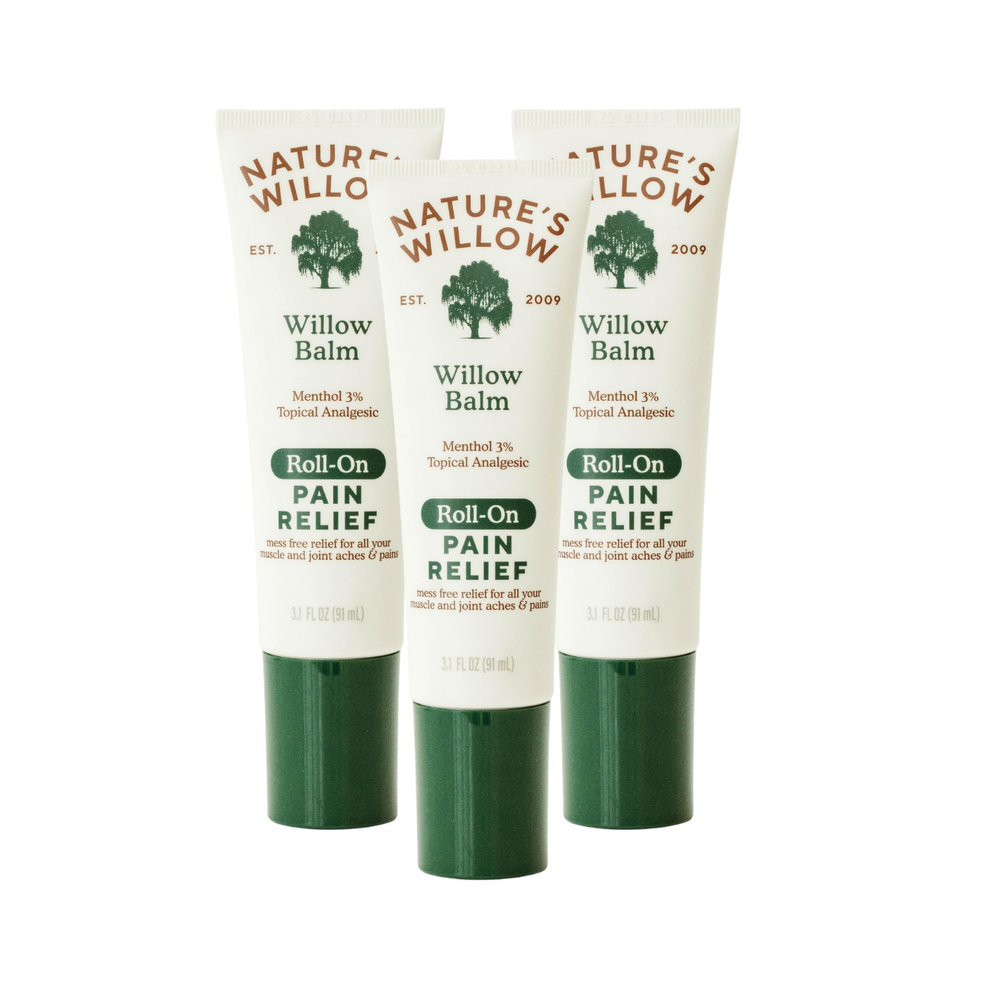 Nature's Willow Roll-On Pain Relief bottle showing mess-free, fast-acting relief