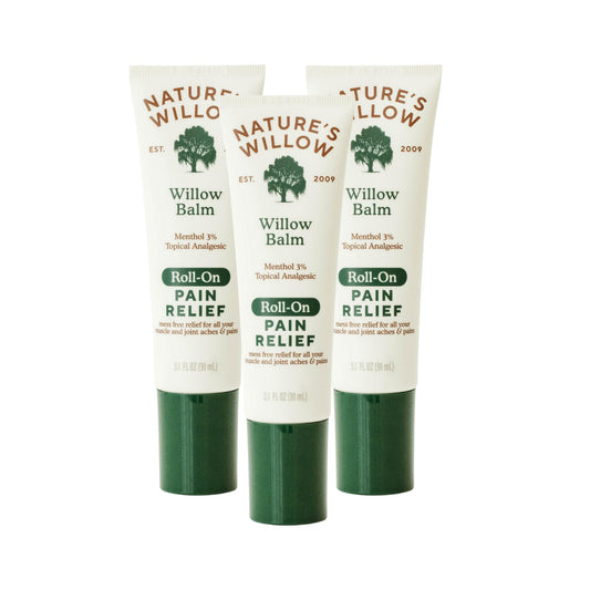 Nature's Willow Roll-On Pain Relief bottle showing mess-free, fast-acting relief