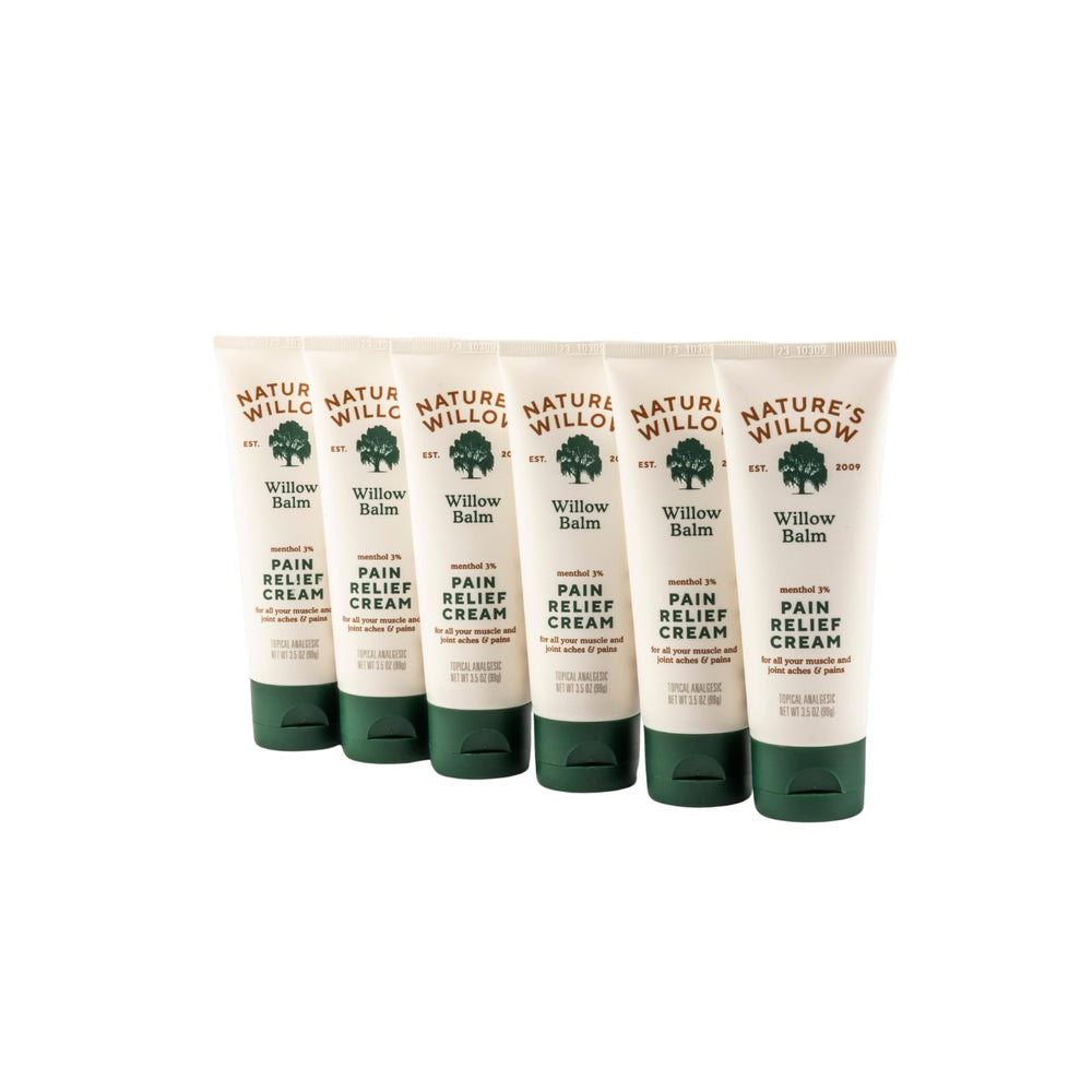 Nature's Willow Willow Balm bottle illustrating fast relief for sore muscles