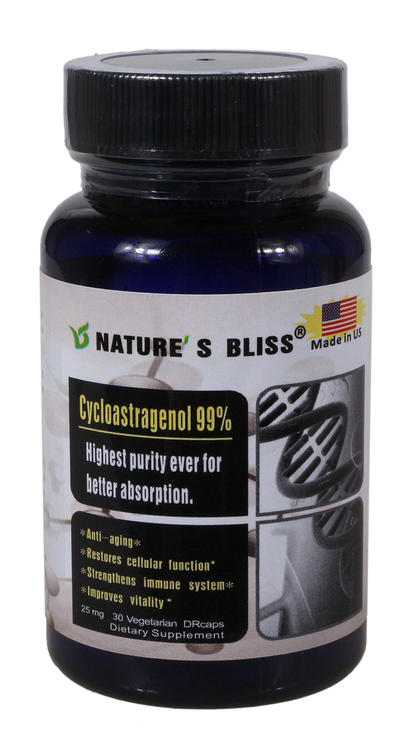 Nature'sbliss Cycloastragenol 25mg bottle front, for daily wellness and safety.