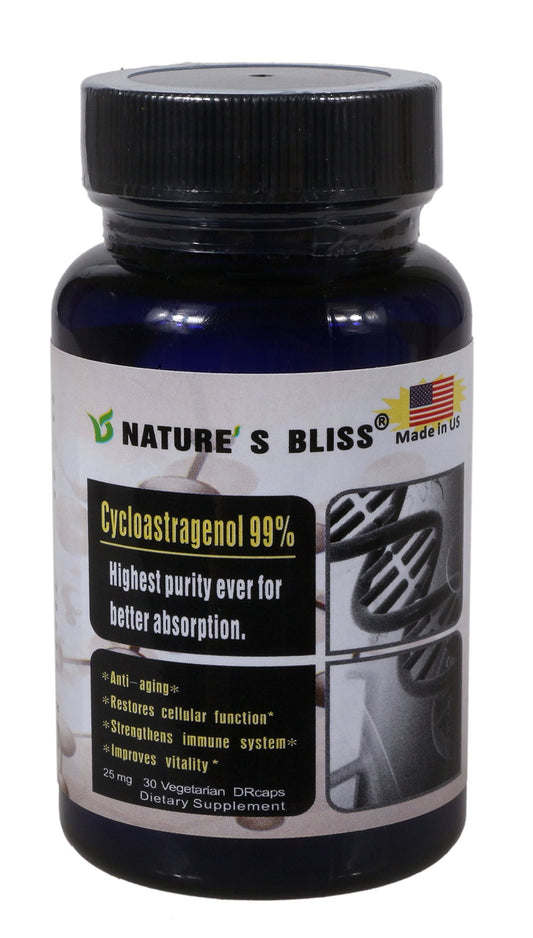 Nature'sbliss Cycloastragenol 25mg bottle front, for daily wellness and safety.